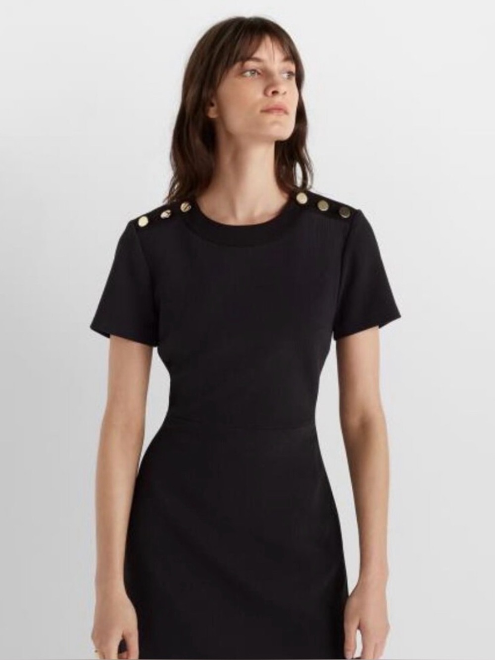 Club Monaco Black Sheath Dress – Gold Button Shoulder Detail | Size 10